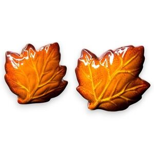 Vintage Autumn Leaf Salt Pepper Shakers Ceramic Glazed Orange Brown Fall